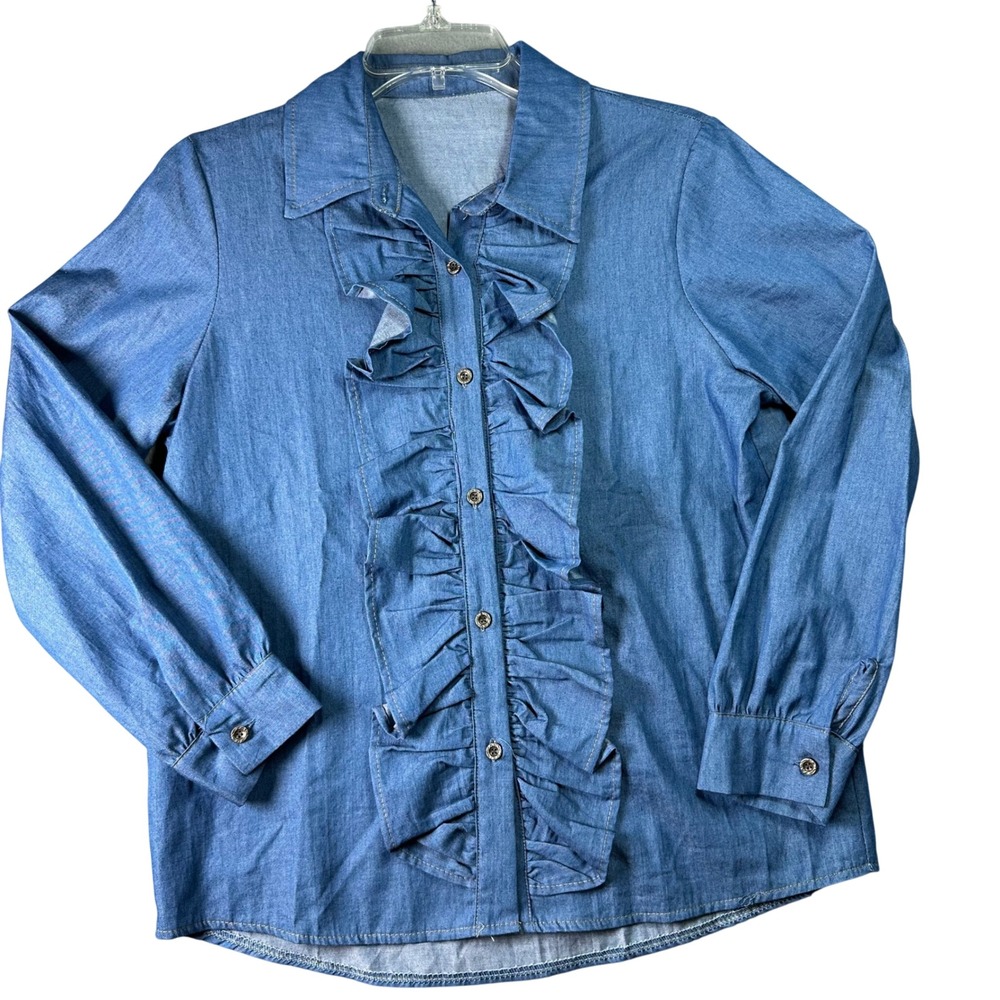 Denim Cottagecore Ruffle Front Blouse Made in Italy Western Boho S/M Blue